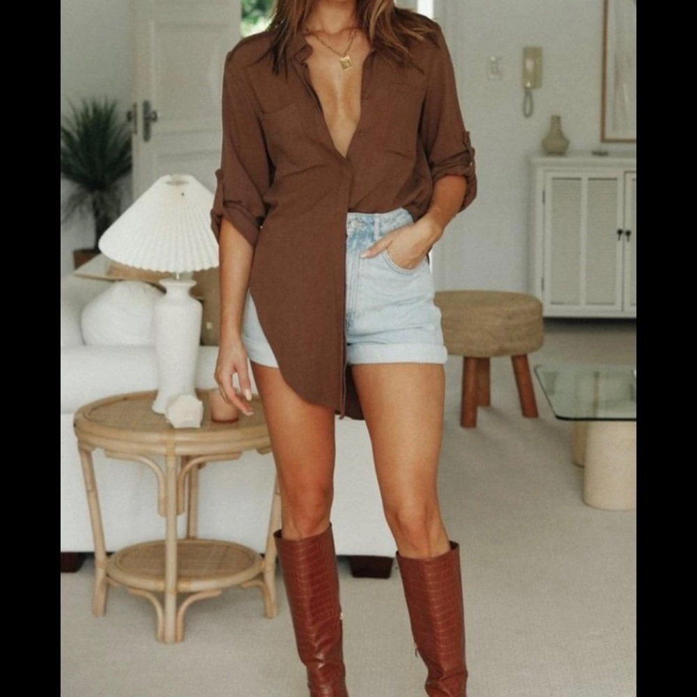 Women's Long Sleeve Single Breasted Button down shirt brown XL​​​​​​